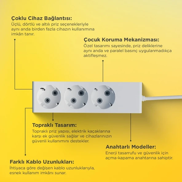 Günsan Elektrik Üçlü Çocuk Korumalı Topraklı Grup Priz 3 Metre - Resim 5