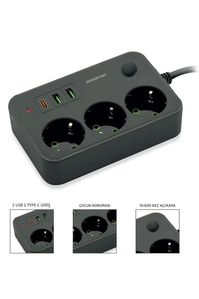 EXENAR USB Type-C Priz Dönüştürücü Şarj Adaptörü Priz-2 USB-1 Type-C 2 M Kablo Girişli Çoklu Fiş 2500W - Resim 2