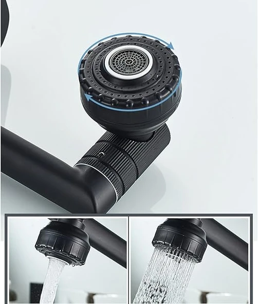 360° Dönebilen Çok Fonksiyonlu Robot Siyah Mutfak ve Banyo Çanak Akrobat Lavabo Bataryası Musluk - Resim 3