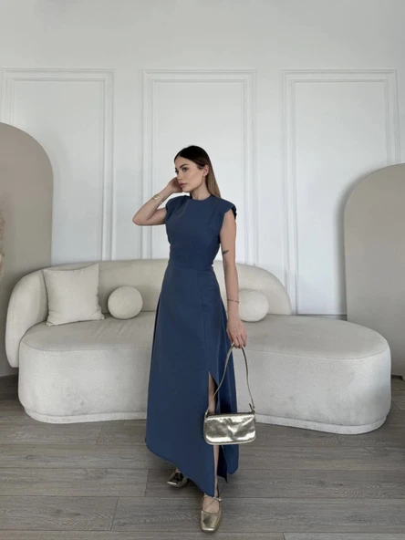 Keten Yandan Yırtmaçlı  Uzun Sıfır Kolsuz Elbise - Mavi - Resim 2
