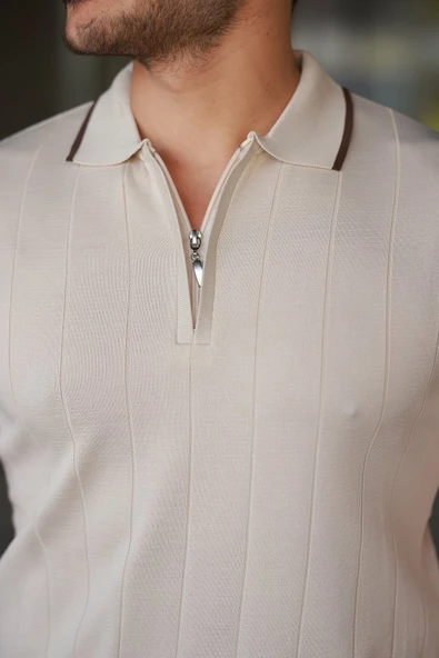 Erkek Fermuar Yakalı çizgi Dokulu Kısa Kollu Tişört - Resim 3