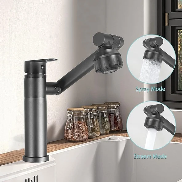 360° Dönebilen Çok Fonksiyonlu Robot Siyah Mutfak ve Banyo Çanak Akrobat Lavabo Bataryası Musluk - Resim 5