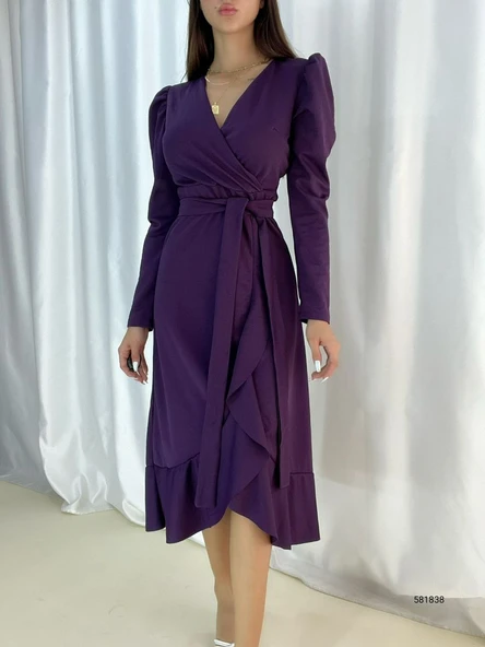 Krep Kumaş Midi Boy Kuşaklı Uzunkol Elbise - Resim 4