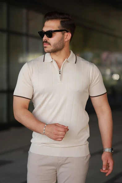 Erkek Fermuar Yakalı çizgi Dokulu Kısa Kollu Tişört ürün görseli