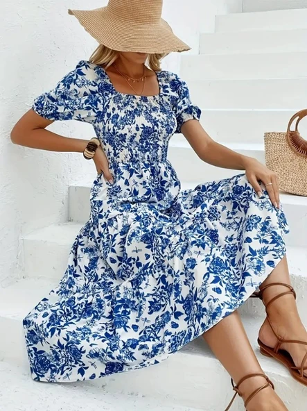 Kadın Kısa Kollu Kare Yakalı Lastikli Desenli Süprem Elbise ürün görseli