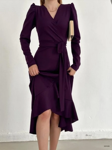 Krep Kumaş Midi Boy Kuşaklı Uzunkol Elbise - Resim 12