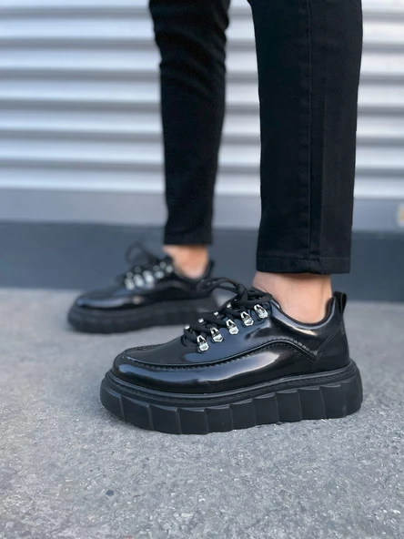 JY010 Cloud Bağcıklı Rugan Erkek Günlük Sneaker Ayakkabı RST - Siyah - Resim 2