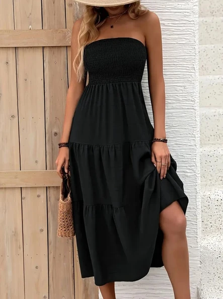 Kadın Straplez Göğüsten Lastikli Kloş Aerobin Uzun Elbise ürün görseli