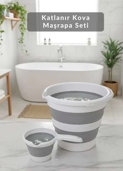 2’li Katlanır Akordiyon Kova & Maşrapa Seti – Yer Tasarruflu, Gri-Beyaz Renk ürün görseli 1