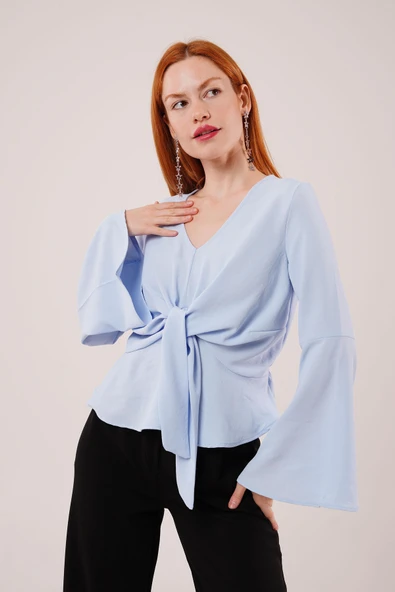 Ön Bağlamalı Volan Kol Bebe Mavisi Bluz ürün görseli