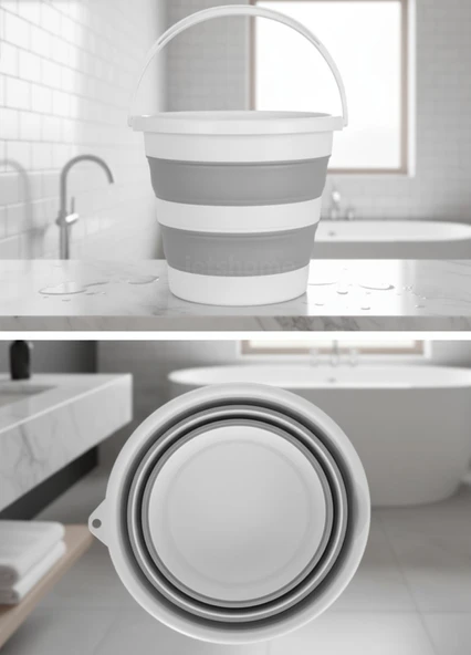 2’li Katlanır Akordiyon Kova & Maşrapa Seti – Yer Tasarruflu, Gri-Beyaz Renk - Resim 2