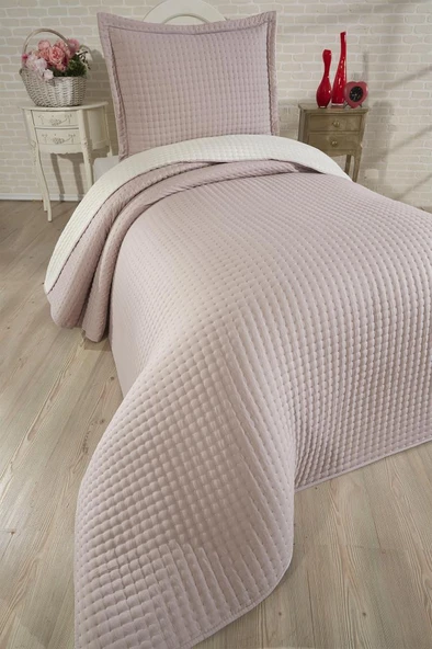Elisa Dolgulu Çift Taraflı Tek Kişilik 180x240 Cm Yatak Örtüsü Pudra - Resim 3