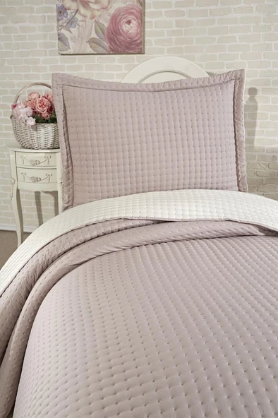 Elisa Dolgulu Çift Taraflı Tek Kişilik 180x240 Cm Yatak Örtüsü Pudra - Resim 5