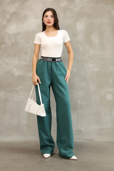 Beli Lastikli Palazzo Pantolon 6138-Petrol Yeşili