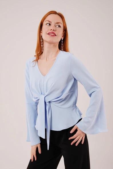 Ön Bağlamalı Volan Kol Bebe Mavisi Bluz - Resim 4