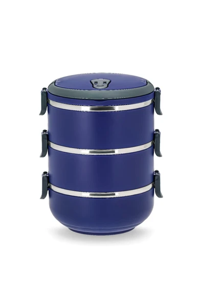 Penguen kulplu çelik sefer tası - yemek termosu saklama kabı 3 katlı lacivert - Resim 2