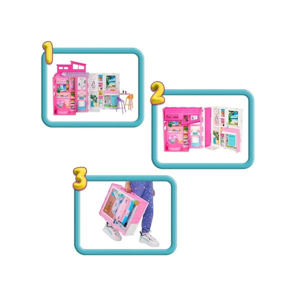 Barbie Portatif Tatil Evi Bebek ve Oyun Seti HRJ77 - Resim 3