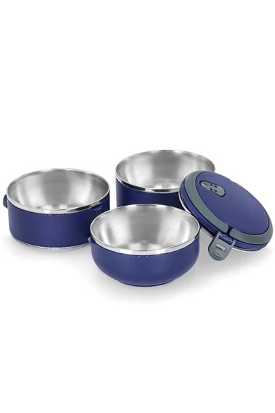 Penguen kulplu çelik sefer tası - yemek termosu saklama kabı 3 katlı lacivert - Resim 4