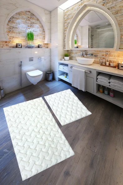 Desenli Tavşan Tüyü Yumuşak 2’li Banyo Paspası – Kaymaz Tabanlı Klozet Takımı Krem