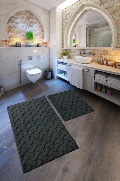 Desenli Tavşan Tüyü Yumuşak 2’li Banyo Paspası – Kaymaz Tabanlı Klozet Takımı Antrasit