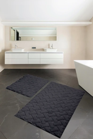 Desenli Tavşan Tüyü Yumuşak 2’li Banyo Paspası – Kaymaz Tabanlı Klozet Takımı Antrasit - 2