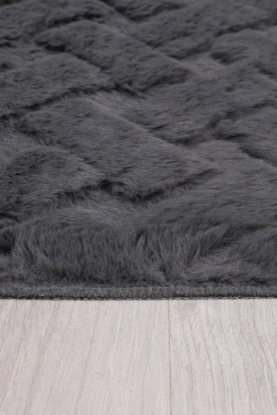 Desenli Tavşan Tüyü Yumuşak 2’li Banyo Paspası – Kaymaz Tabanlı Klozet Takımı Antrasit - 5