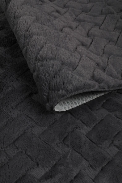 Desenli Tavşan Tüyü Yumuşak 2’li Banyo Paspası – Kaymaz Tabanlı Klozet Takımı Antrasit - 3