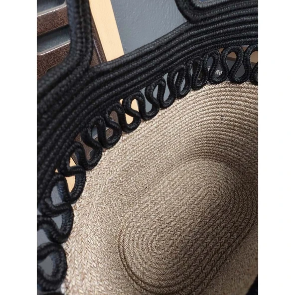 Doğal Hasır Jüt El Örmesi Günlük Kullanım ve Plaj İçin Uygun Bayan Çanta-Bej Siyah Trikotlu - 2