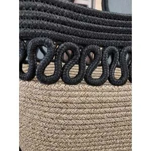 Doğal Hasır Jüt El Örmesi Günlük Kullanım ve Plaj İçin Uygun Bayan Çanta-Bej Siyah Trikotlu - 3