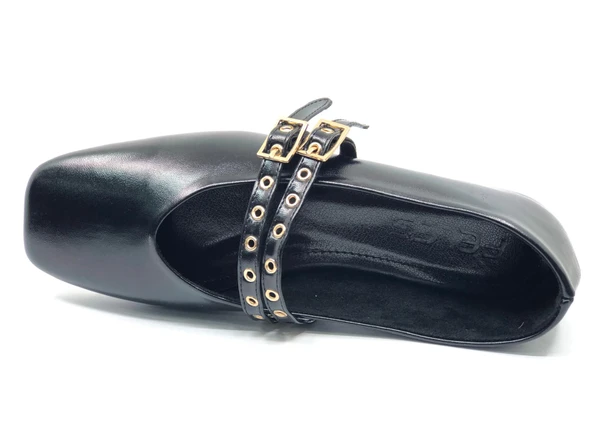 Feles Çift Kemer Detaylı Küt Burun Kadın Babet Ayakkabı - Resim 4