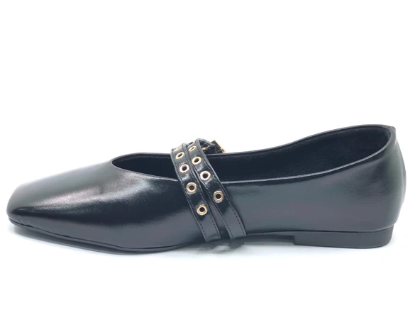 Feles Çift Kemer Detaylı Küt Burun Kadın Babet Ayakkabı - Resim 3