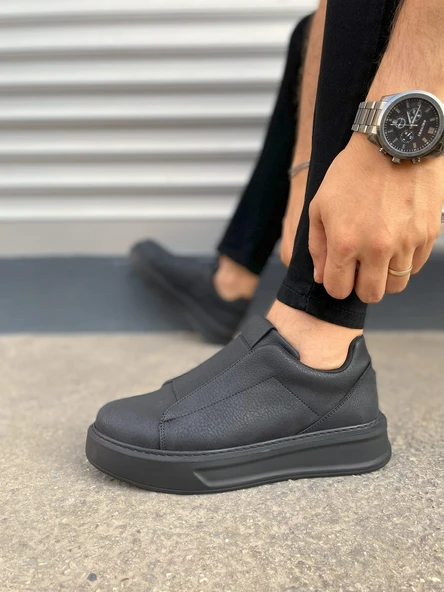 JY007 Alba Bağcıksız Cilt Erkek Günlük Sneaker Ayakkabı CST Siyah - Resim 3