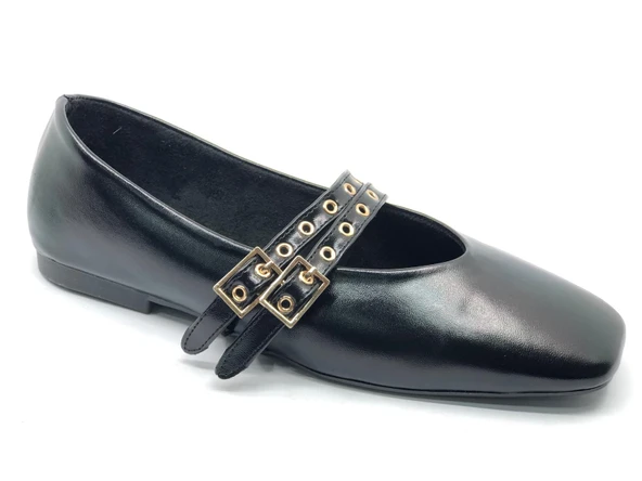 Feles Çift Kemer Detaylı Küt Burun Kadın Babet Ayakkabı ürün görseli