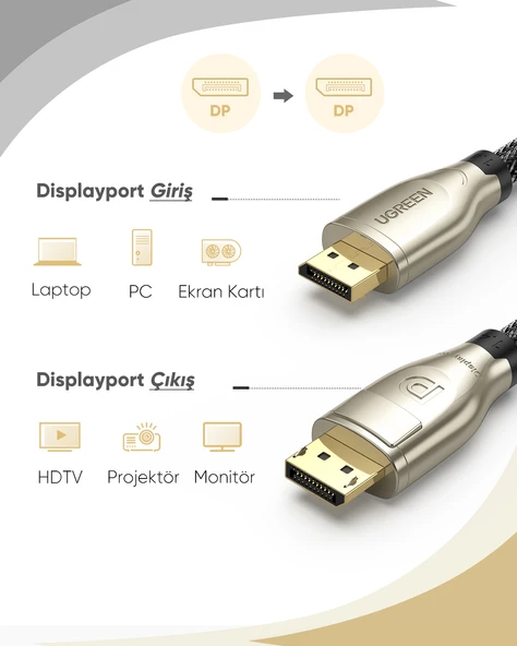 UGREEN 8K 60Hz 4K 144Hz v1.4 DisplayPort Görüntü ve Ses Aktarım Kablosu 1 m, 60842 - 7