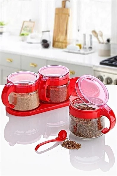 Fege Store ®  Kırmızı 3lü Standlı Kapaklı Kaşıklı Cam Hava Sızdırmaz Baharatlık Takımı  KC-386 - 5