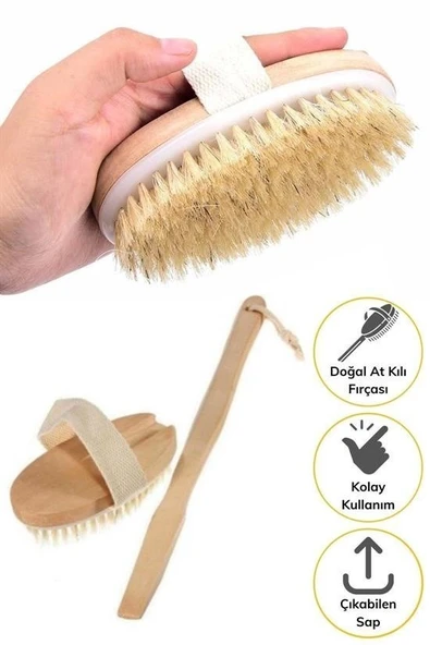 Fege Store ® Doğal At Kılı Selülit Karşıtı Sapı Çıkabilen Ahşap Banyo Fırçası - 10