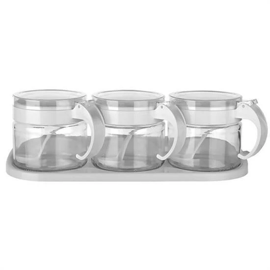 Fege Store ® Beyaz 3lü Standlı Kapaklı Kaşıklı Cam Hava Sızdırmaz Baharatlık Takımı KC-386 - 2