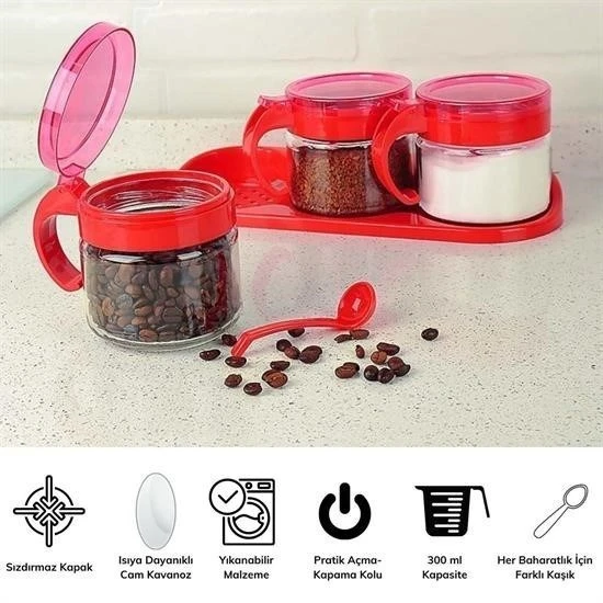 Fege Store ®  Kırmızı 3lü Standlı Kapaklı Kaşıklı Cam Hava Sızdırmaz Baharatlık Takımı  KC-386 - 3