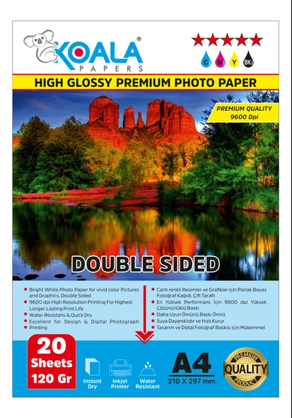 Koala Papers Canon E414 Yazıcı için Pg-46 Cl-56 ile uyumlu Premium Parlak Çift Taraflı double Side A4 Fotoğraf kağıdı 120 gr. 20 Adet