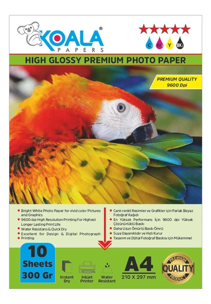 Koala Papers Canon E414 Yazıcı için Pg-46 Cl-56 ile uyumlu Premium Parlak Çift Taraflı double Side A4 Fotoğraf kağıdı 300 gr. 10 Adet ürün görseli