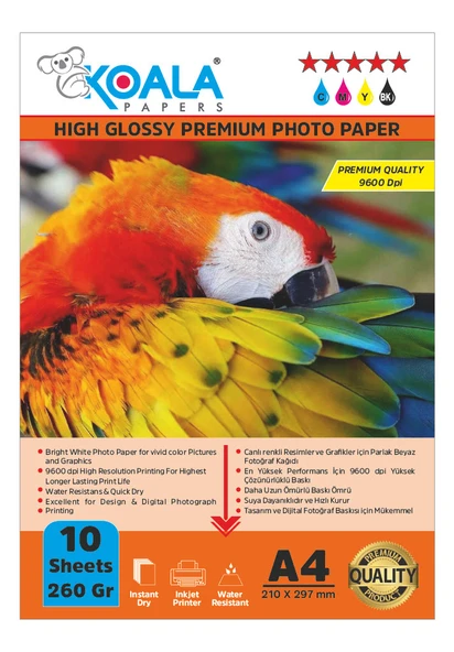 Koala Papers Canon E414 Yazıcı için Pg-46 Cl-56  ile uyumlu Premium Parlak Çift Taraflı double Side A4 Fotoğraf kağıdı 260 gr. 10 Adet ürün görseli