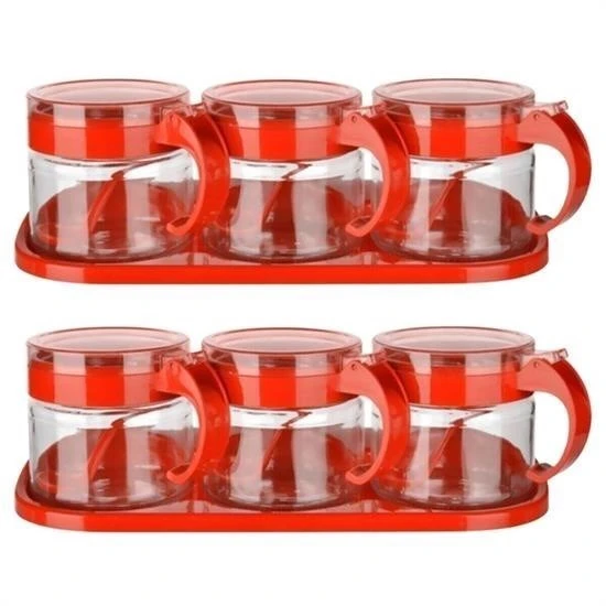Fege Store ®  Kırmızı 3lü Standlı Kapaklı Kaşıklı Cam Hava Sızdırmaz Baharatlık Takımı  KC-386 - 10