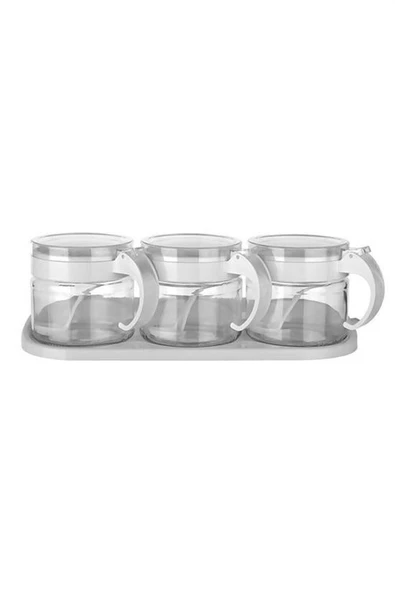 Fege Store ® Beyaz 3lü Standlı Kapaklı Kaşıklı Cam Hava Sızdırmaz Baharatlık Takımı KC-386 - 6