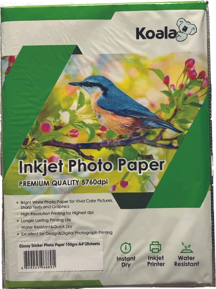 Koala Papers Canon İX6850 550XL ile uyumlu Yapışkanlı Adhesive Sticker Premium Parlak  A4 Fotoğraf kağıdı 150 gr. 20 Adet ürün görseli