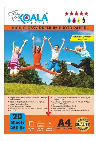 Koala Papers Canon İX6850 550XL ile uyumlu Premium Parlak Çift Taraflı double Side A4 Fotoğraf kağıdı 260 gr. 20 Adet