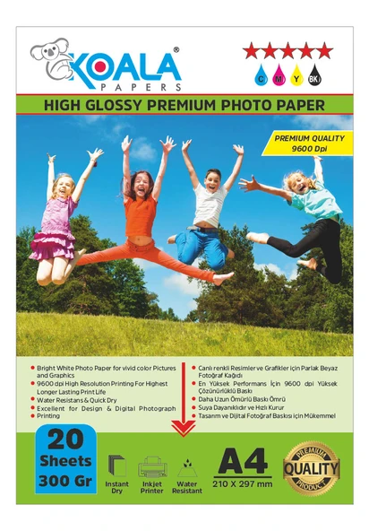 Koala Papers Canon İX6850 550XL ile uyumlu Premium Parlak Çift Taraflı double Side A4 Fotoğraf kağıdı 300 gr. 20 Adet - 1