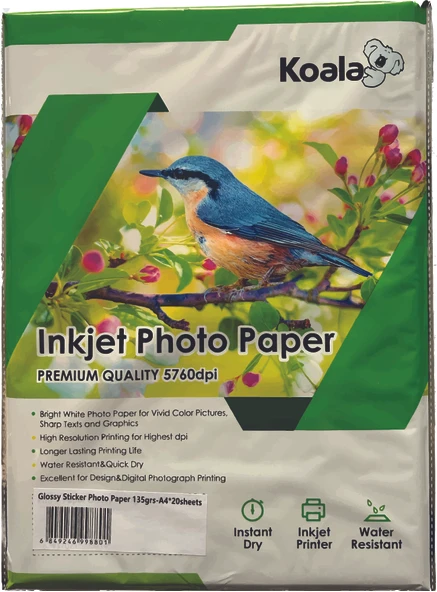 Koala Papers Canon İX6850 550XL ile uyumlu Yapışkanlı Adhesive Sticker Premium Parlak  A4 Fotoğraf kağıdı 135 gr. 20 Adet ürün görseli
