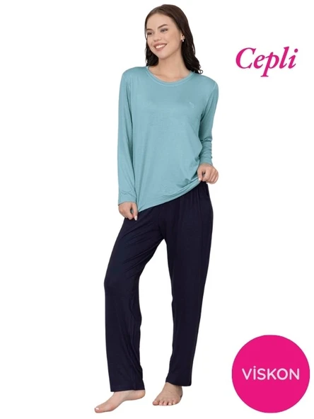 Kadın Bisiklet Yaka Düğmesiz Viskon Mevsimlik Uzun Kol Cepli Pijama Takımı