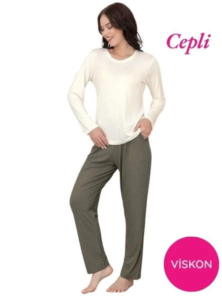 Kadın Bisiklet Yaka Düğmesiz Viskon Mevsimlik Uzun Kol Cepli Pijama Takımı - 9