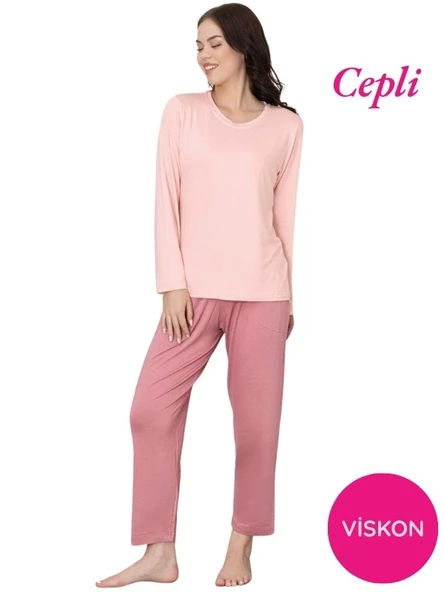 Kadın Bisiklet Yaka Düğmesiz Viskon Mevsimlik Uzun Kol Cepli Pijama Takımı - 3